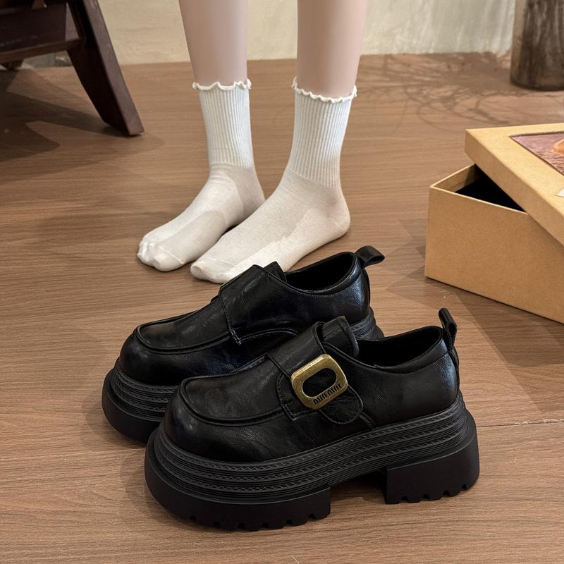 Platform Thick Heel British Style Small Leather Shoes Women's 2025 New French Retro Versatile Height-increasing Velcro Loafers