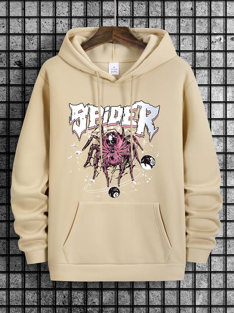 Spider Print Autumn Stylish Loose Top Solid Color Hooded Polyester Men's Sweatshirt Simple Casual
