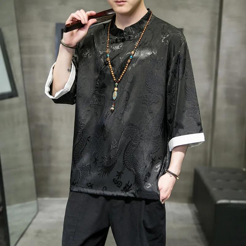 2026 Summer Men Thin Ice Silk Shirt Men Breathable Dragon Pattern Jacquard Shirt Male Stand Collar Button Seven-Half Sleeve T-Shirt Men Pullover