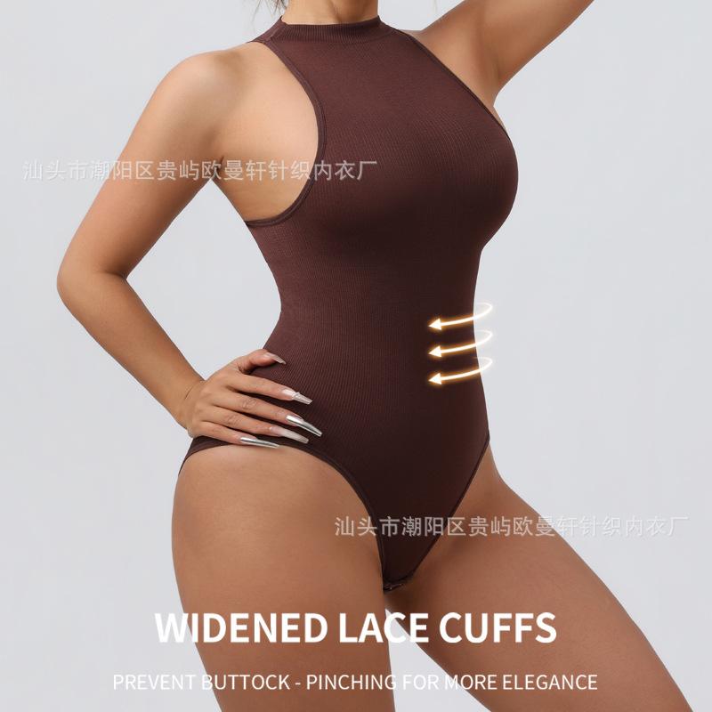 Round-neck, sleeveless, outerwear-friendly, button-down, form-fitting bodysuit with a tummy-tucking design and a thong-style shapewear