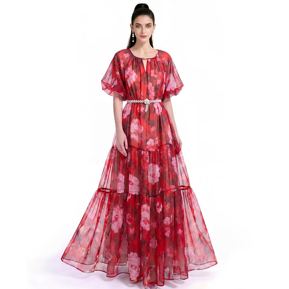 Summer Holiday Vacation Flower Print Long Maxi Dress Bohemian O-neck Short Sleeve High Waisted Chiffon Party Dresses Casual Robe