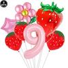 9pcs Strawberry Balloons Kits Birthday Decorations for Girls 32inch 0-9 Number Balloons for Strawberry Birthday Party Decors