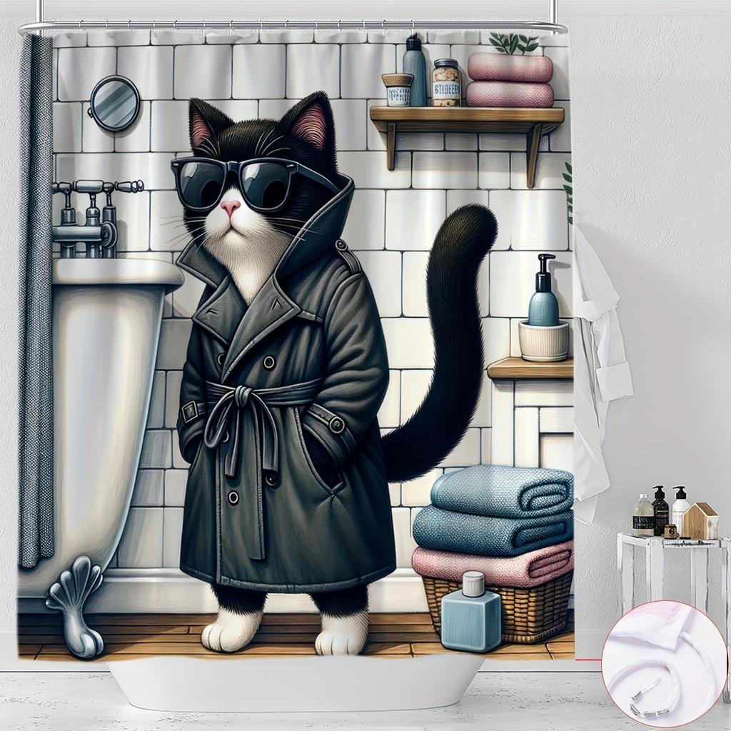 1Pc Cartoon Cat Shower Curtain, Animal Theme Bathroom Decor With Hooks, All-Season Curtain For Home Restroom Decoration
