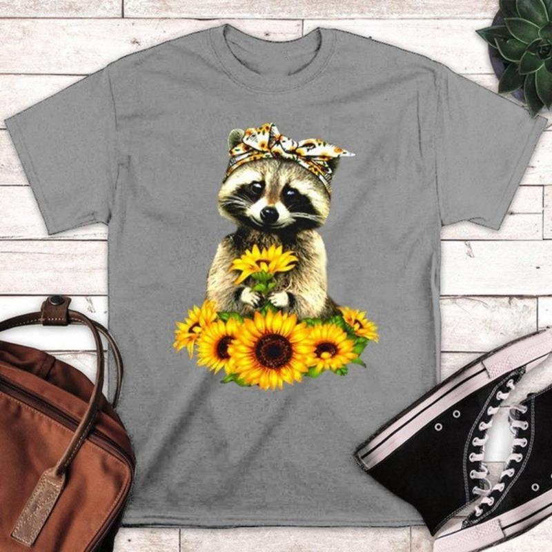 Summer Printed Letters Sunflower Lovely Raccoon Loose Round Neck Pure Cotton Short Sleeved Shirt T-Shirts Men’s