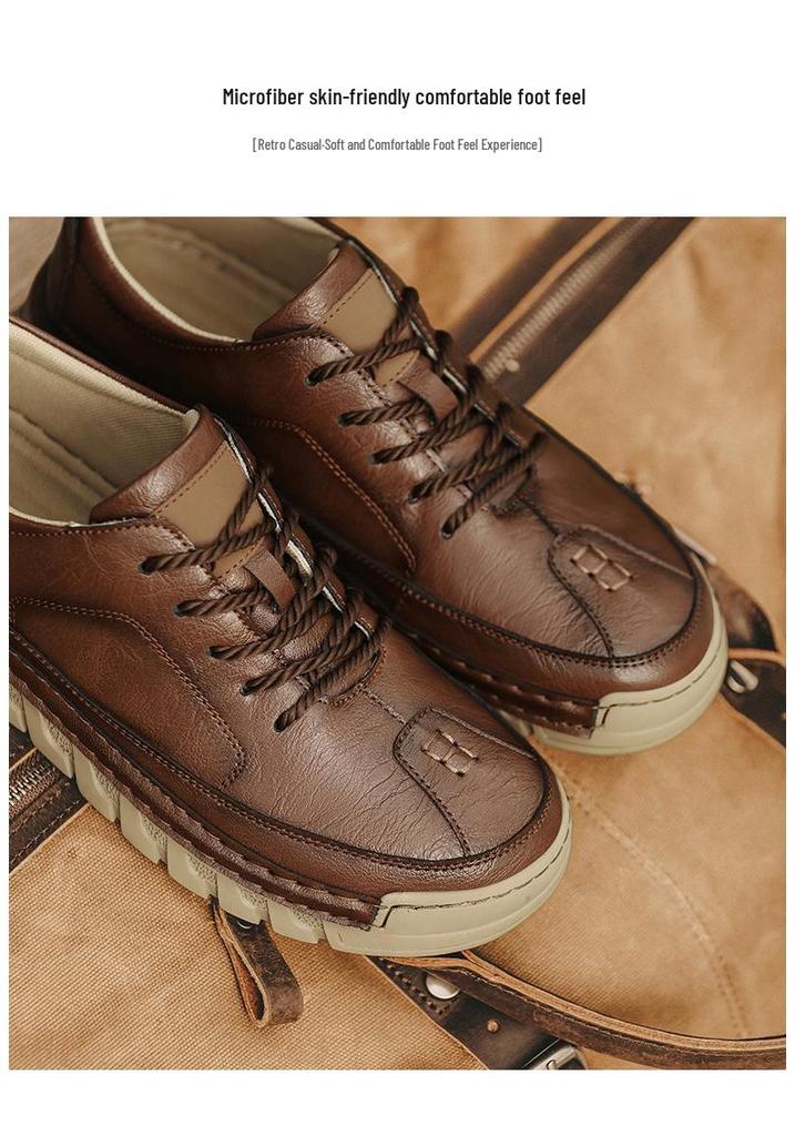 2025 Autumn Men's Breathable Leather Moccasins: Soft Sole, Hand-stitched, Low-top, Lace-up Casual Driving Shoes