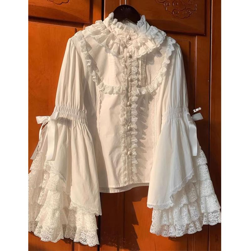 Blusa Estética Y2k para Mujer con Encaje Patchwork Dulce Linda Lolita Japonesa Manga Acampanada Camisas con Lazo Tops Sueltos Kawaii para Chica