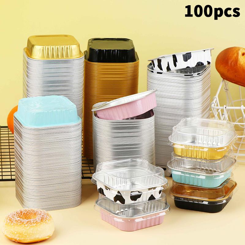 100Pcs Disposable Square Aluminum Foil Baking Pans With Lids For Cakes Muffins Bread Food Storage Takeout Containers oro