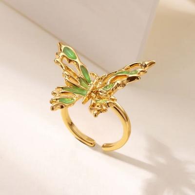 Green Oil-Dripping Butterfly Rings For Women Gold Color Vintage Geometric Butterfly Opening Ring Wedding Aesthetic Jewelry Gift