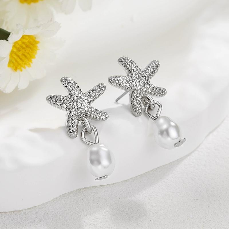 Boho Starfish Pearl Drop Earrings for Women Exquisite Retro Dangle Earrings Summer Seaside Vacation Style Versatile Jewelry Gift