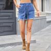 Elastic-waist Drawstring Casual High-waisted Furred Denim Shorts