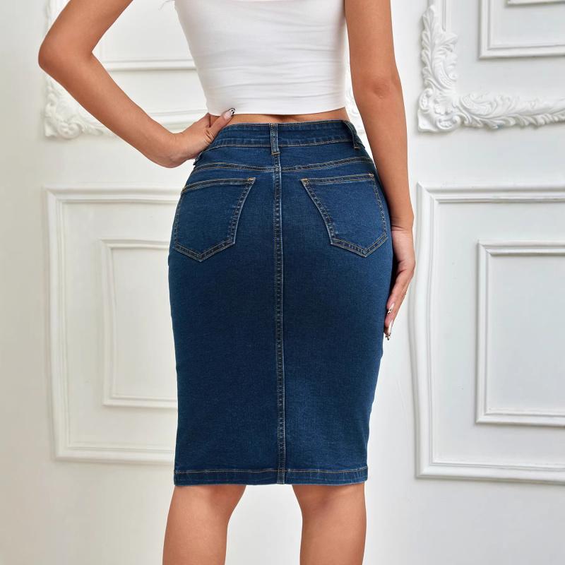 Women's one-piece front multi-button bodycon skirt, stretchy women's denim skirt