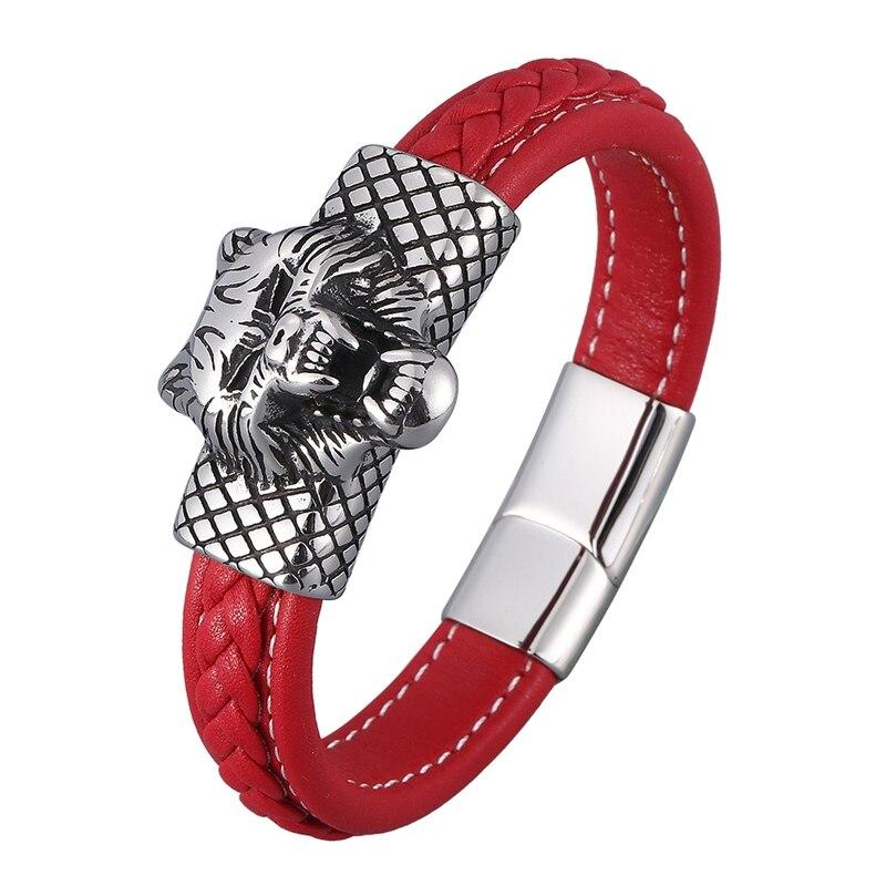 Cheap Stainless Steel Wolf Head Leather Braided Bracelets Men Red Rope Hand Chain Wristband Punk