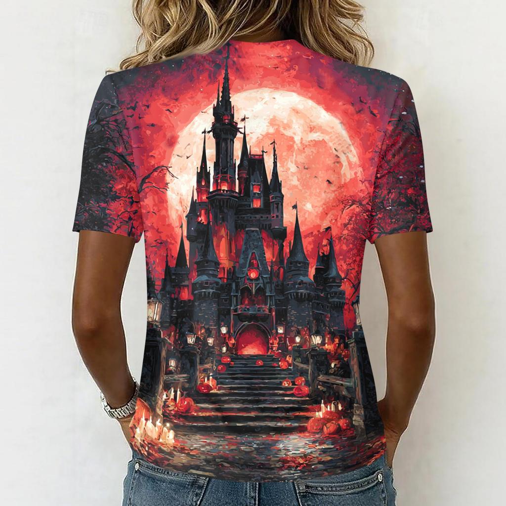 Women's Casual V Neck Pullover Top Halloween Themed Graphic Print Short Sleeve T Shirt Lightweight Comfortable Fit