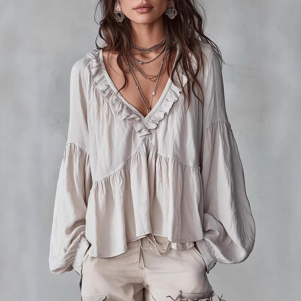 Women's Loose-fitting, Casual, And Sweet Blouse With Ruffled Trim And Puff Sleeves.