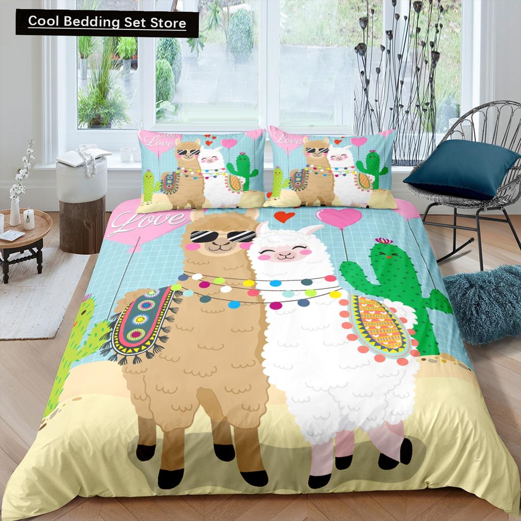 Alpaca Duvet Cover King Queen Size Kawaii Farm Animal Theme Bedding Set Kids Cartoon Llama Alpaca 2/3pcs Polyester Quilt Cover