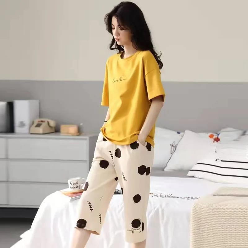Damen Nachtwäsche Halbarm Siebenviertel Hose Studenten Nachtwäsche Hausanzug Set Rundhals Cartoon Damen Pyjama Loungewear