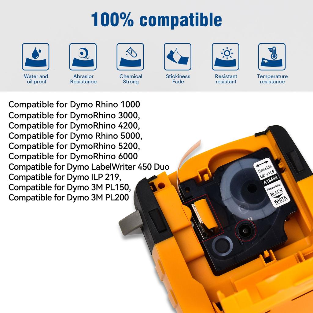 3-10PK 12mm/19mm Flexible Nylon Labels Compatible for Dymo A18488 A18490 Industry Label Tape For DYMO Rhino 4200 5000 Printer