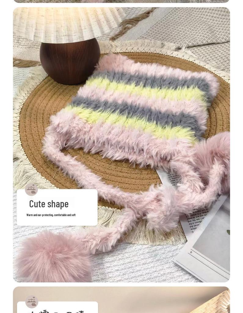 Korean Style Cat Ear Earmuff Hat - Cute, Warm, Dual-Use, Knitted Slouchy with Color Block Stripes