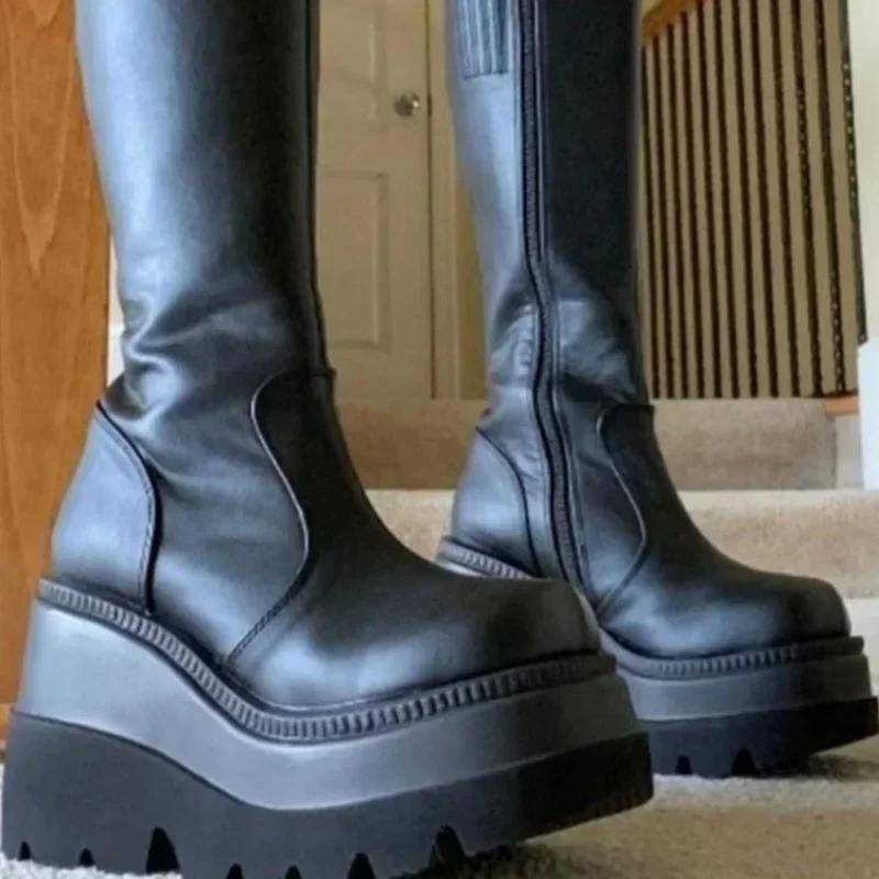 Mode 2024 Neue Mode Plateau Damen Kampf Winterabsätze Qualität Lang Oberschenkelhoch Reißverschluss Kniehoch Stiefel Botas Mujer Plateauschuhe
