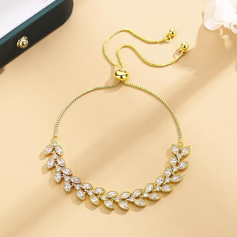 Luxury Gold Tone Wheat Ear Bracelet For Women Adjustable Full Zircon Sparkling Chain Elegant Fashion Jewelry Gift