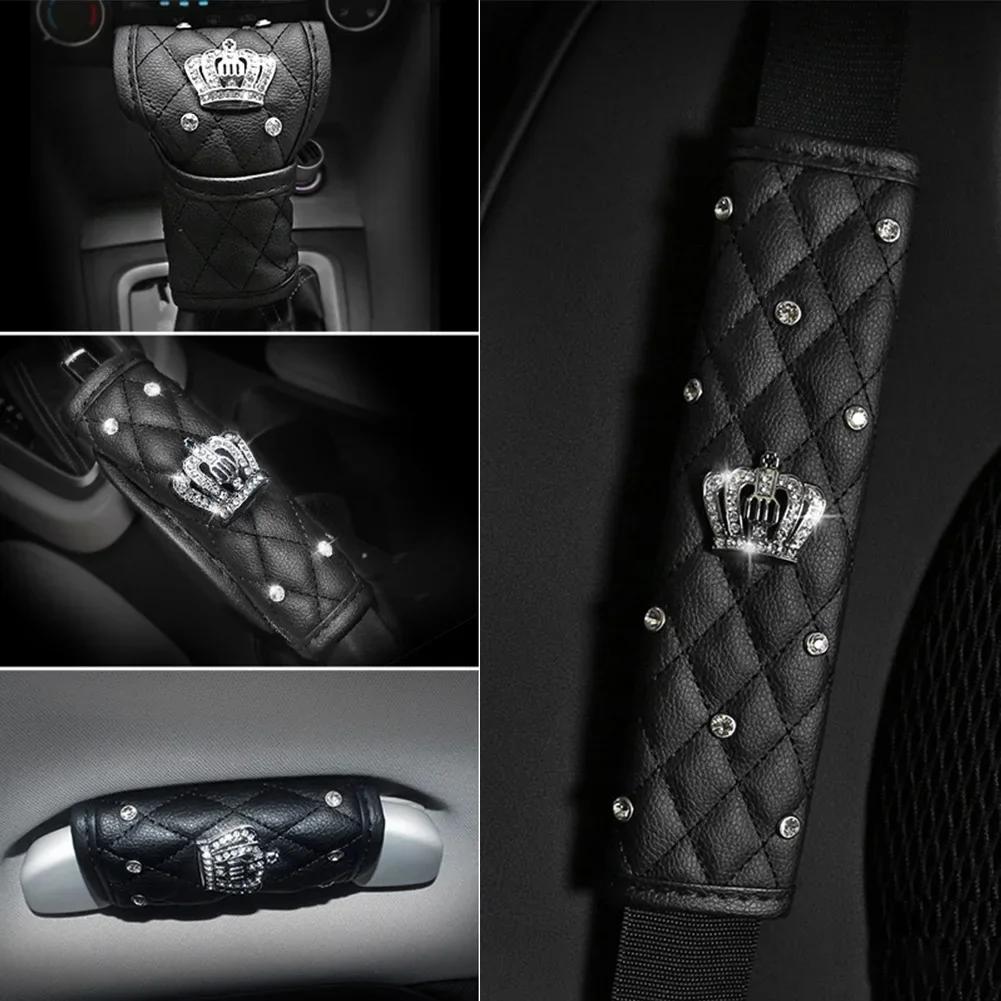 Crown Crystal Car Seat Belt Cover Rhinestones Leather Seat Belt Shoulder Pad Diamond Shifter Gear Cover Hand Brake Covers Sets