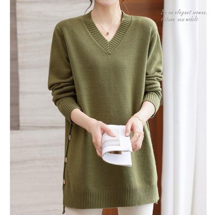Plus Size Women's V-Neck Loose Long Knitted Sweater Autumn Winter Solid Color Casual Warm Pullover