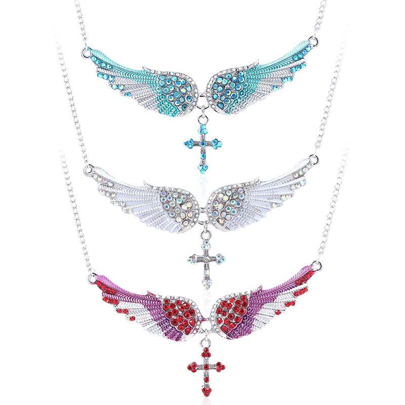 Diamond Simulated Decorated Angel Wing Cross Pendant Necklace For Ladies