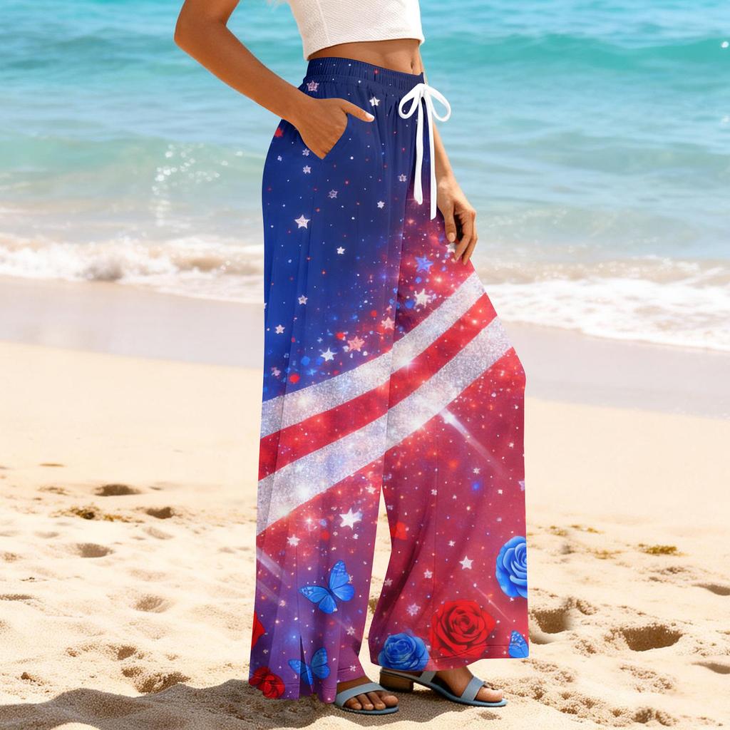 Dámské letní boho palazzo kalhoty s vysokým pasem a širokými nohavicemi, tisk, ležérní kalhoty s kapsami