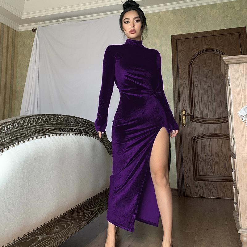 European & American Style Women's High-Neck Velvet Long Dress - Slim Fit, Pleated, Slit Design for Autumn/Winter 2022