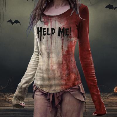 Damen T-Shirt Halloween 3D-Effekt Blutdruck Rundhals Langarm T-Shirt Slim Fit Dehnbare Pullover Tops