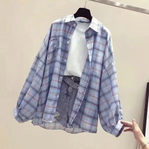 Dámská jarní a letní retro volná kostkovaná košile s klopami a knoflíky, ležérní bunda s ochranou proti slunci