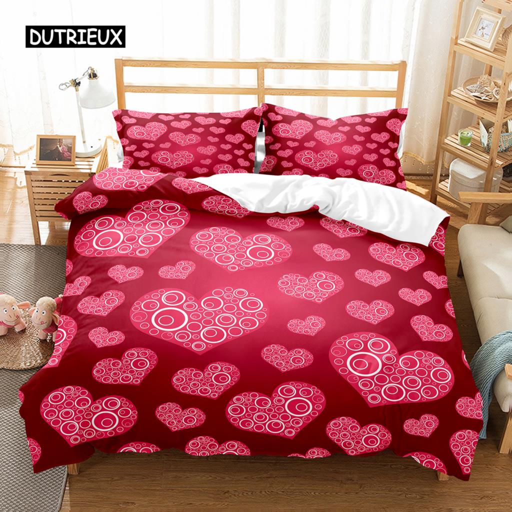 Love Heart Duvet Cover Set Single King Romantic Theme Bedding Set Rose Floral Comforter Cover For Valentine's Day Wedding Decor