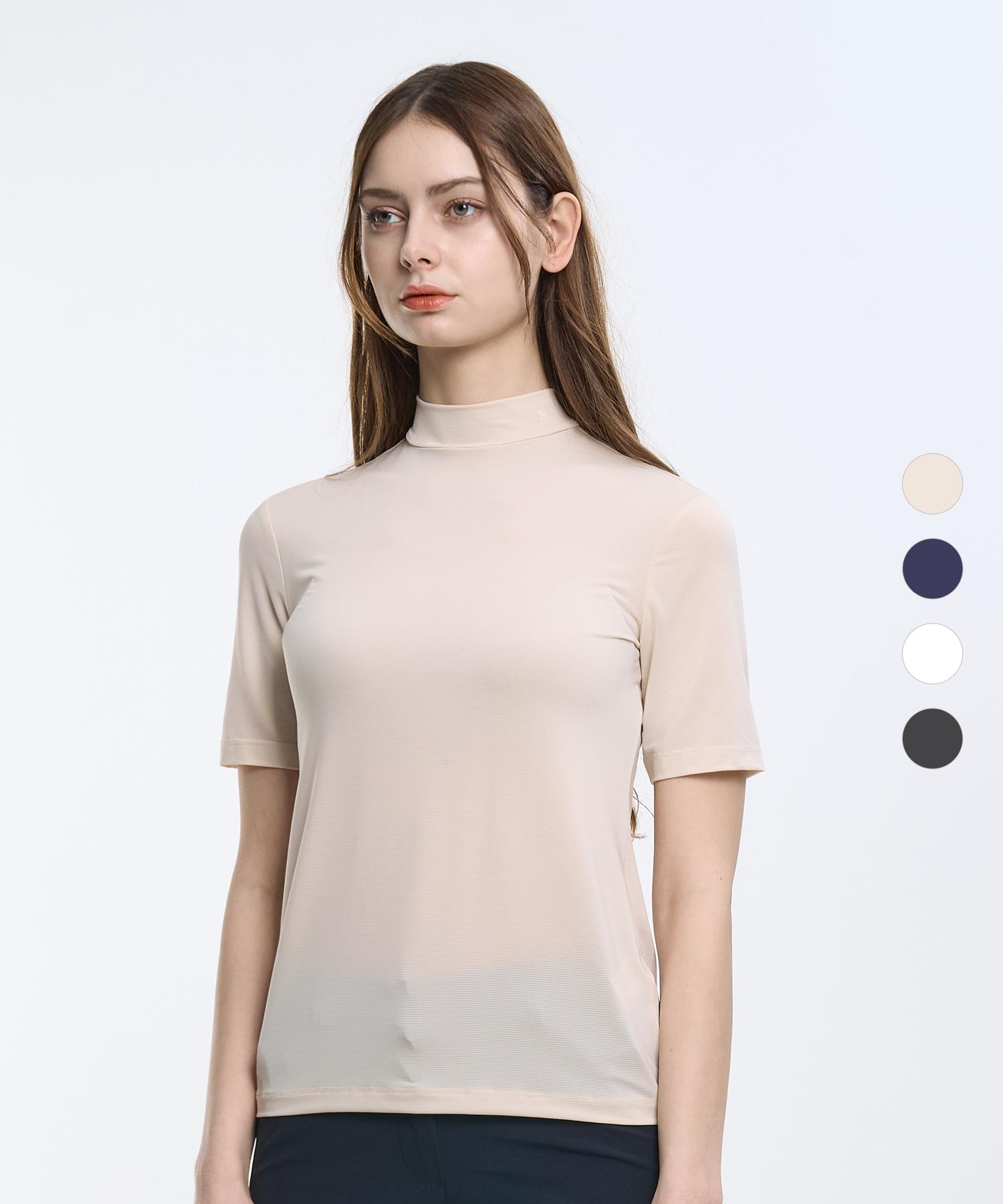Tuela Ice Smoothie Women S Polyester Cooling Striped Mock Neck Short Sleeve T-Shirt 4 Colors White/090