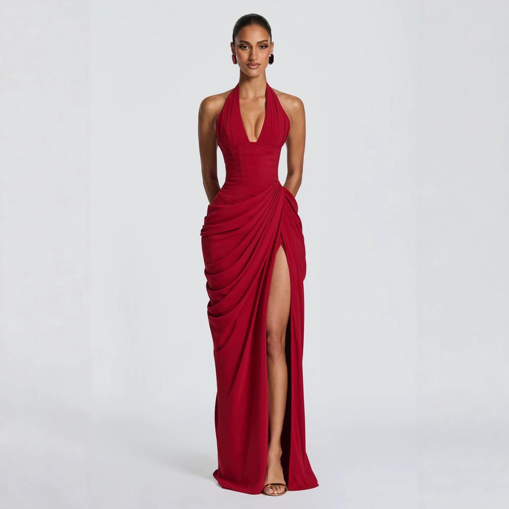 European and American Sexy Dresses, Deep V Neck Dresses, Slim-fitting Pleated High-split Dresses, High-end Sense