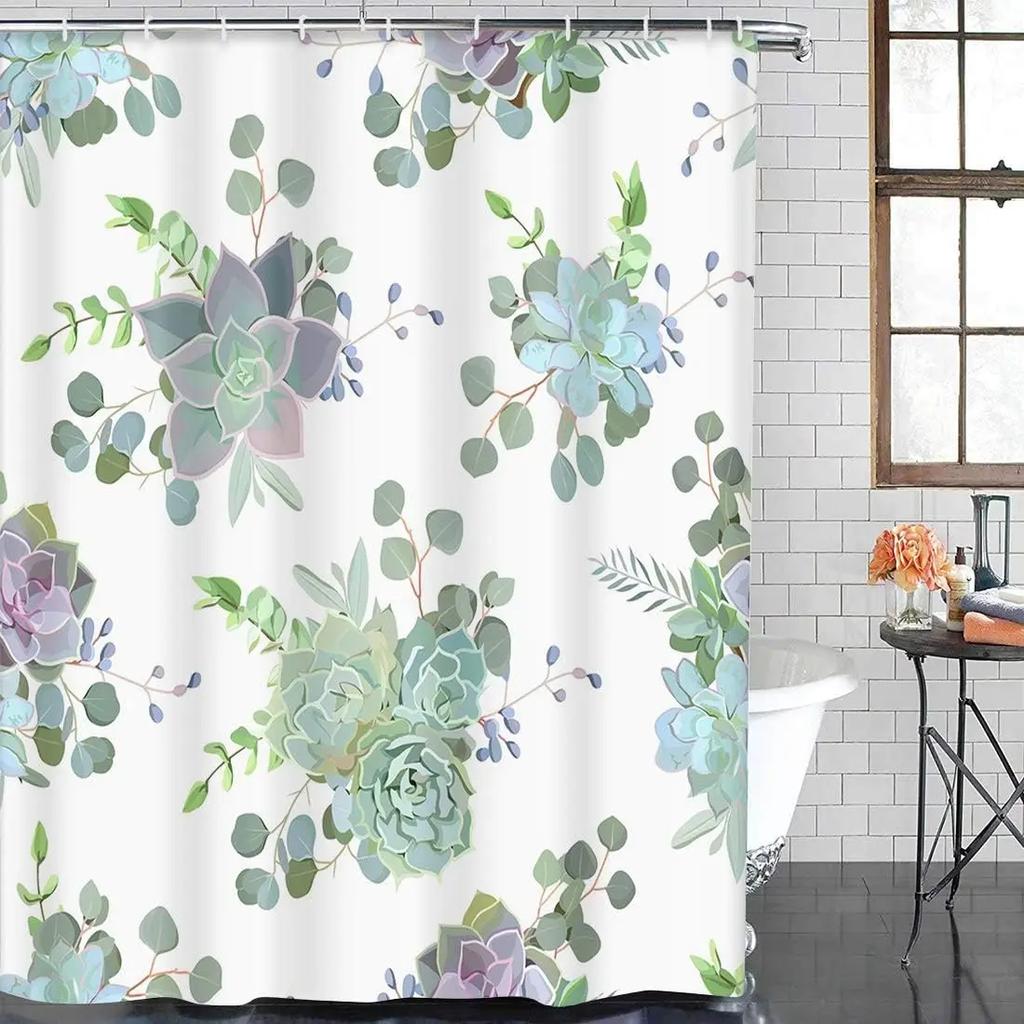 Shower Curtain Flower Green Colorful Succulent Echeveria Natural Cactus in Modern Waterproof Polyester Fabric Set with Hooks