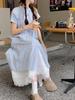 Women's Blue Striped Short-Sleeve Loose A-Line Shirt Dress, Summer 2024 Korean Style