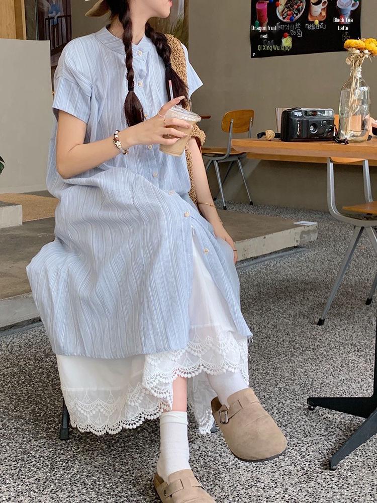 Women's Blue Striped Short-Sleeve Loose A-Line Shirt Dress, Summer 2024 Korean Style