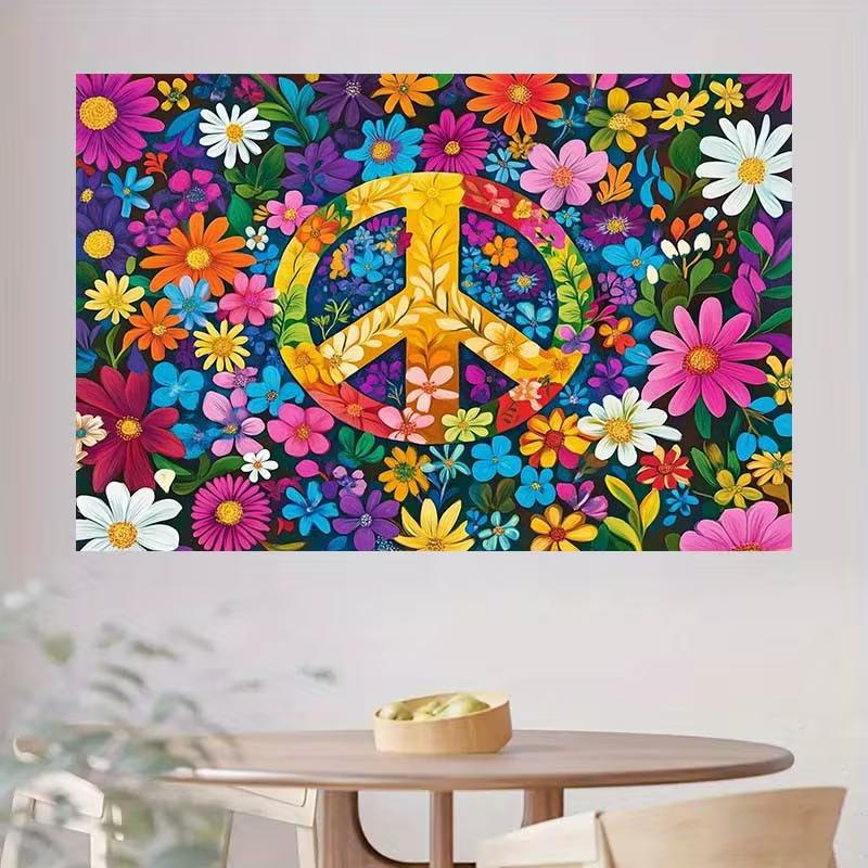 2D Floral Peace Symbol Backdrop with Vibrant Flowers Hippie Party Background