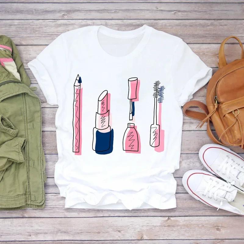 Fashion Short Sleeve White T-Shirt for Women Nail Art Makeup Beauty Style Inspired by Europe And America Summer Polyester Fabric