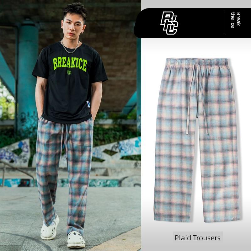 Plaid Pants Loose Straight High Street New Versatile Casual Sports Sweatpants with a Vertical Feel Black and White Basketball Long Pants for Men