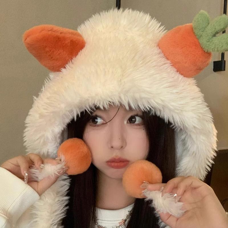 Cute Carrot Plush Ear Protection Head Hat for Women In Winter Thickened Cold Protection Lei Feng Hat Sweet Baotou Warm Hat