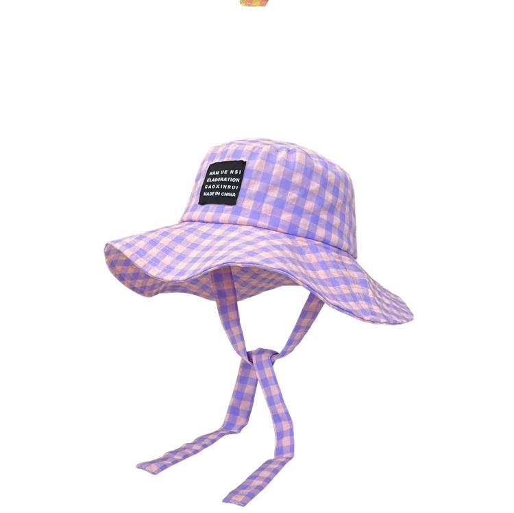 

Ins Blogger Retro Plaid Tie Strap Bucket Hat Women Summer Travel Versatile Fisherman Hat Girls Fashion Popular Wide Brim Sun Cap 56-58cm фіолетовий