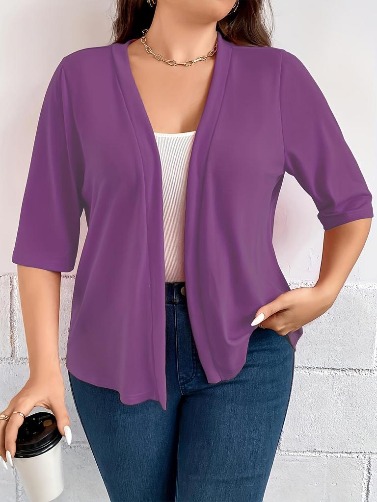 Plus Size Women's Mid-Sleeve Cardigan Jacket - Lightweight, Solid Color, 2026 New Arrival