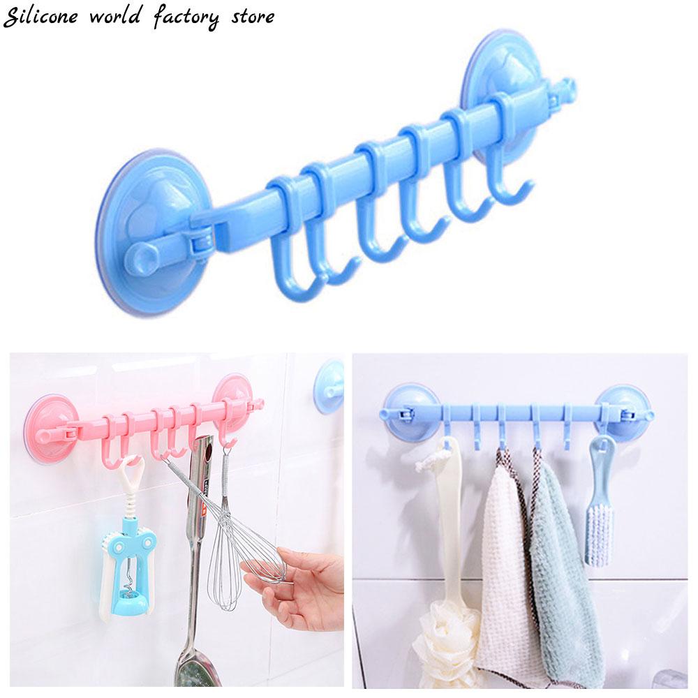 1PC Suction Cup Style 6 Hooks Adjustable Plastic Towel Rack Hanging Holders Lock Type Bathroom Kitchen Hook Suspension Organizer