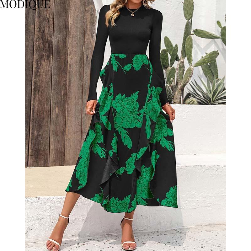 MODIQUE 2025 Spring New Women's Casual Vintage Floral Printing Patchwork Long Dress Ladies A-Line Long Sleeve O-Neck Dress