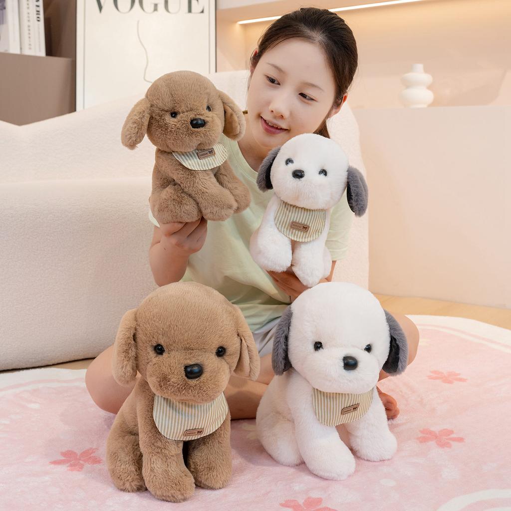 Cute Bib Dog Plush Toy Stuffed Animal Soft Pet Brown / White Puppy Pillow Baby Doll Kawaii Toys for Christmas Birthday Gift