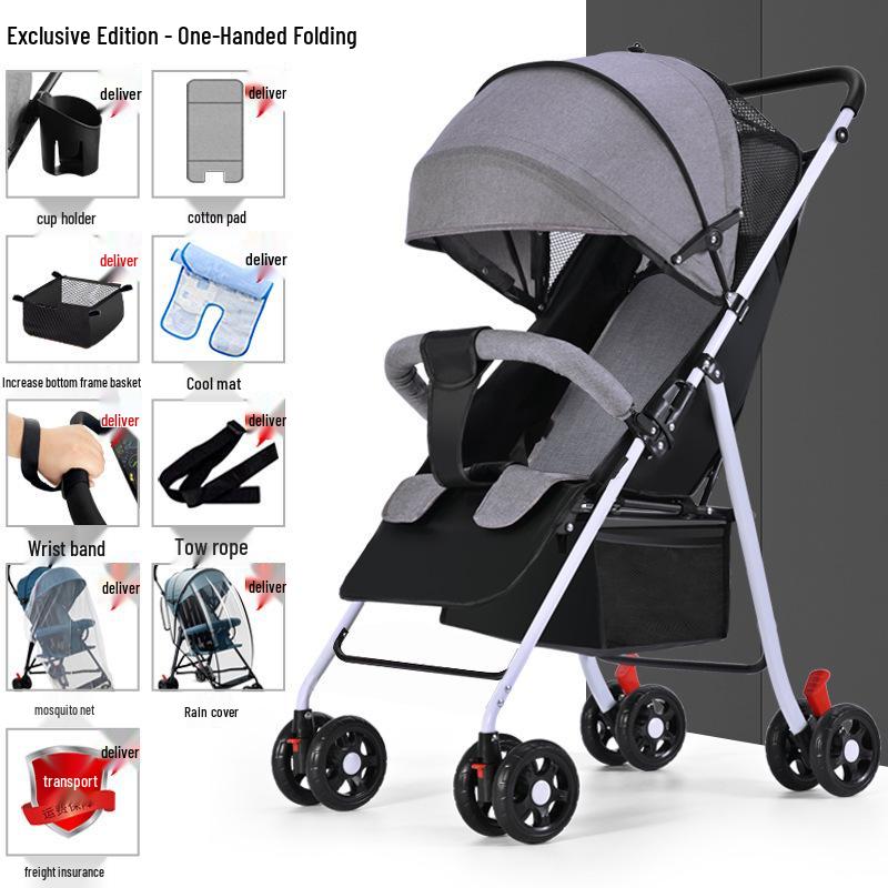 Lightweight Foldable Baby Stroller, Four-Wheeled, Convertible for Sitting or Lying, One-Button Fold Portable Design