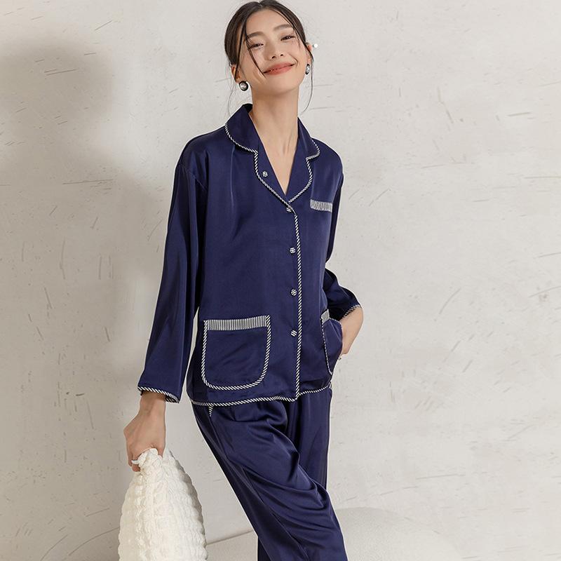 1011 ice silk pajamas women's cardigan premium casual long-sleeved trousers imitation silk new solid color