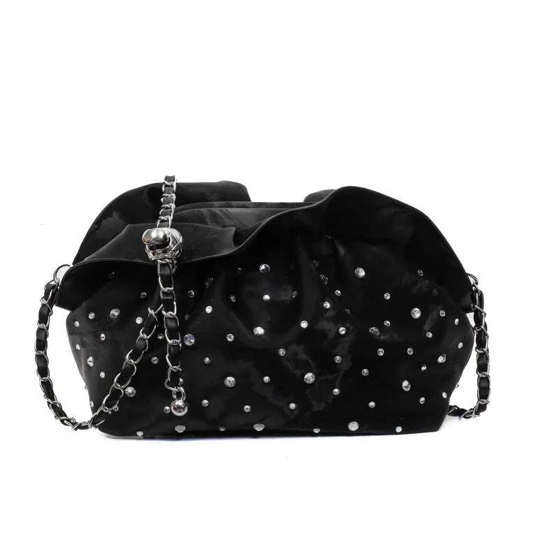 Wrinkled Cloud Bag, Sweet Girl s Western-style Versatile Crossbody Bag, Fashionable Rhinestone Dumpling Bag