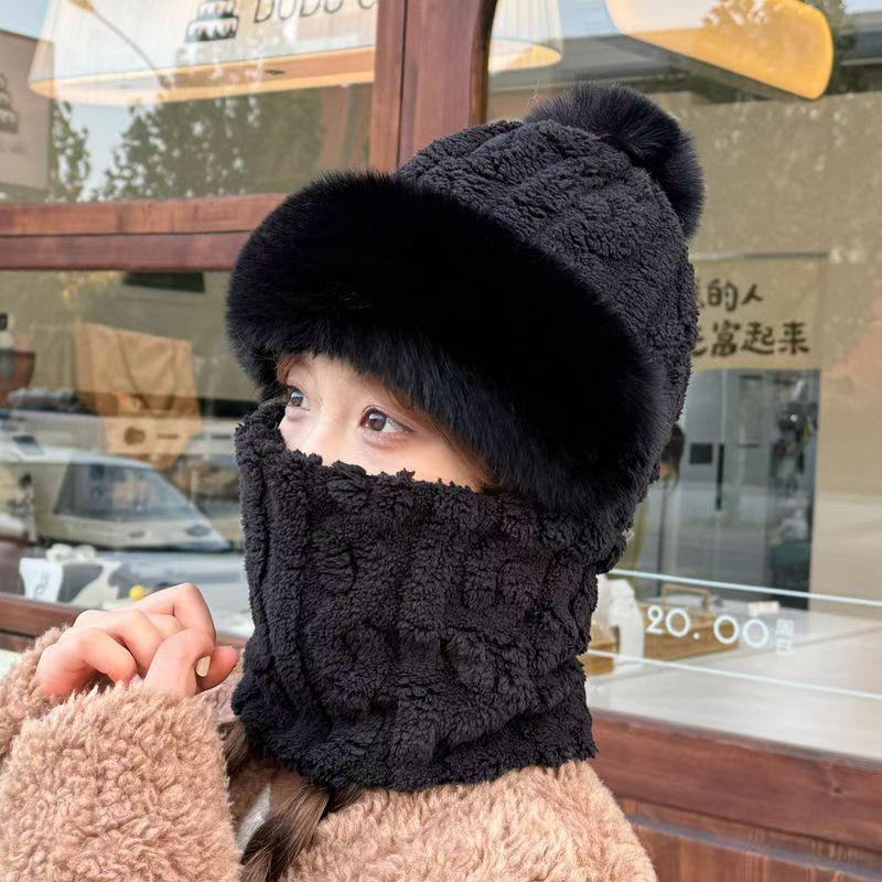Strickmütze, verdickte und samtige Mütze, Schal, Maske, einteilige Mütze, warme Wintermütze für Damen